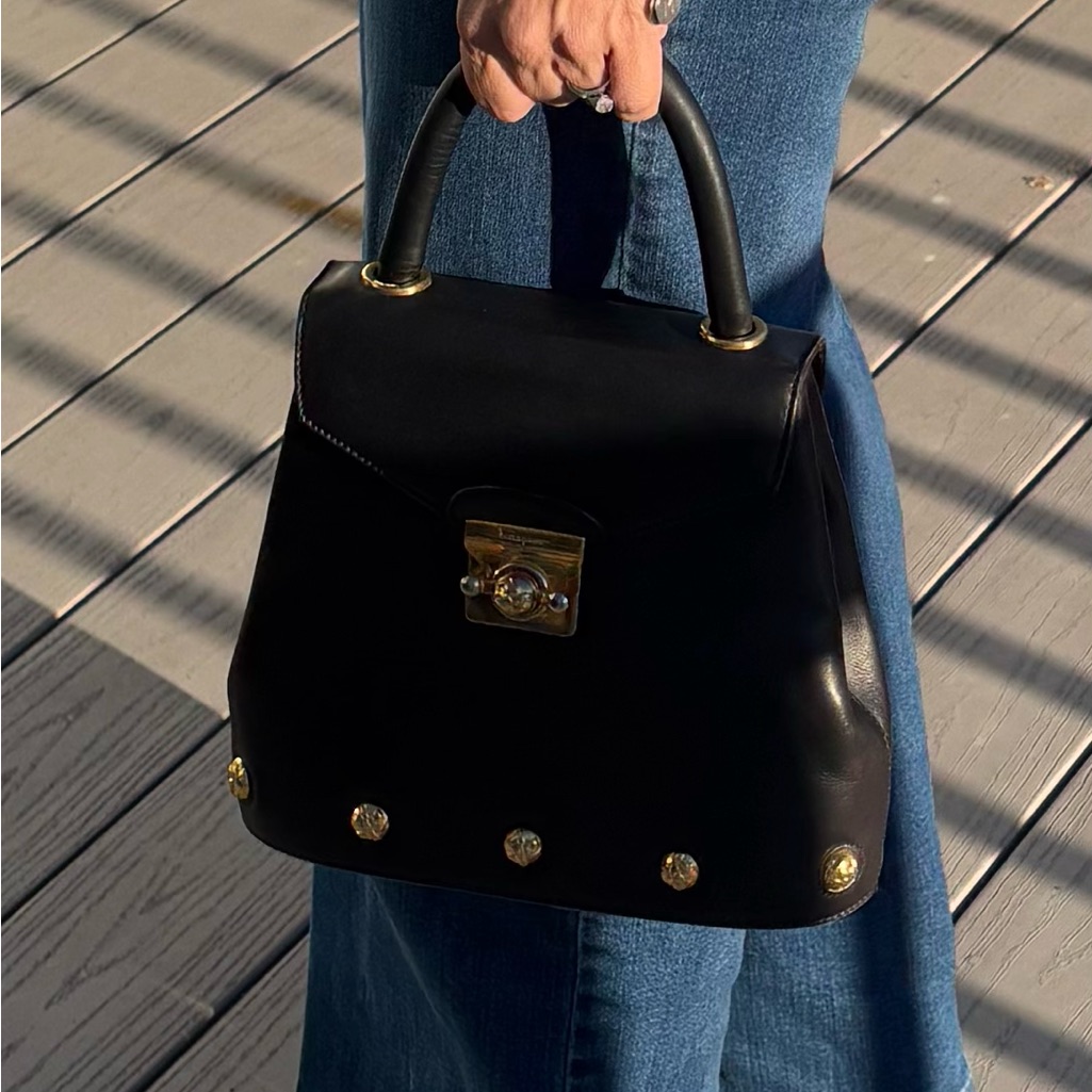 Ferragamo Gancini Top Handle Bag Black Leather Satchel Gold Hardware Structured